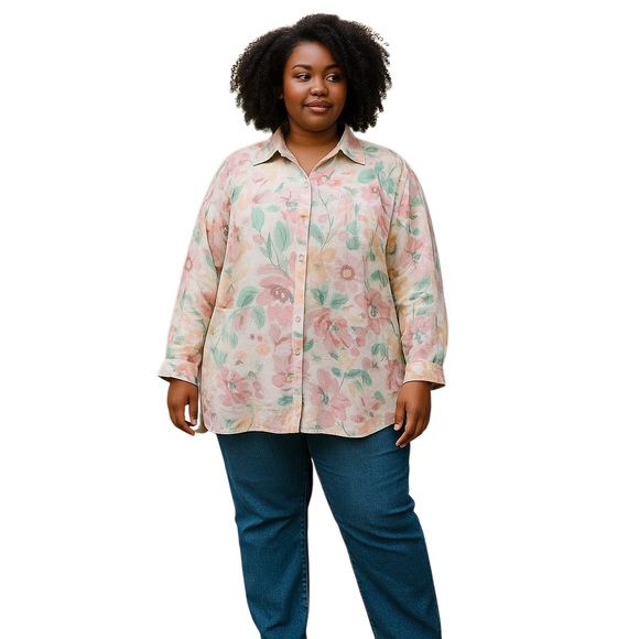 Ralph Lauren Tops - Ralph Lauren 100% Linen Floral Button-Up Blouse 2X Pastel Watercolor Print